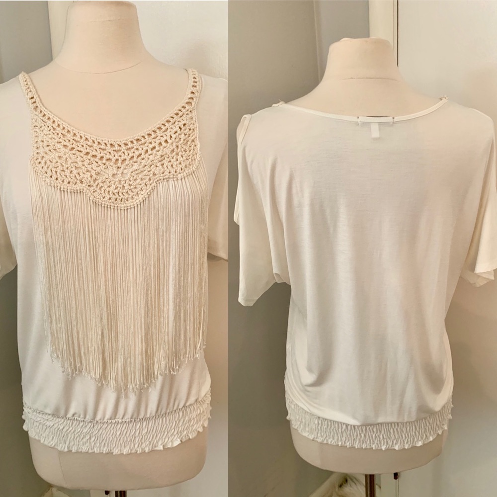 Women’s Small Fringe Blouse Cream Cowgirl Western Chic Festival tassels top - Picture 2 of 11